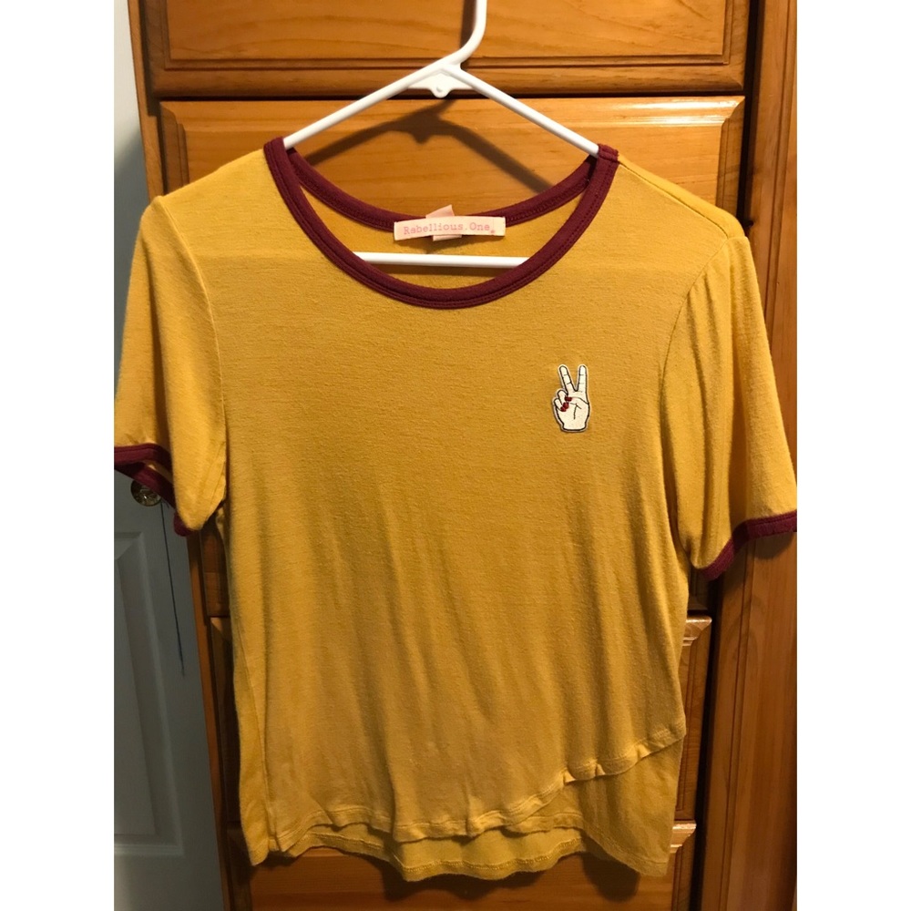 Embroidered Peace sign Mustard Tee !
